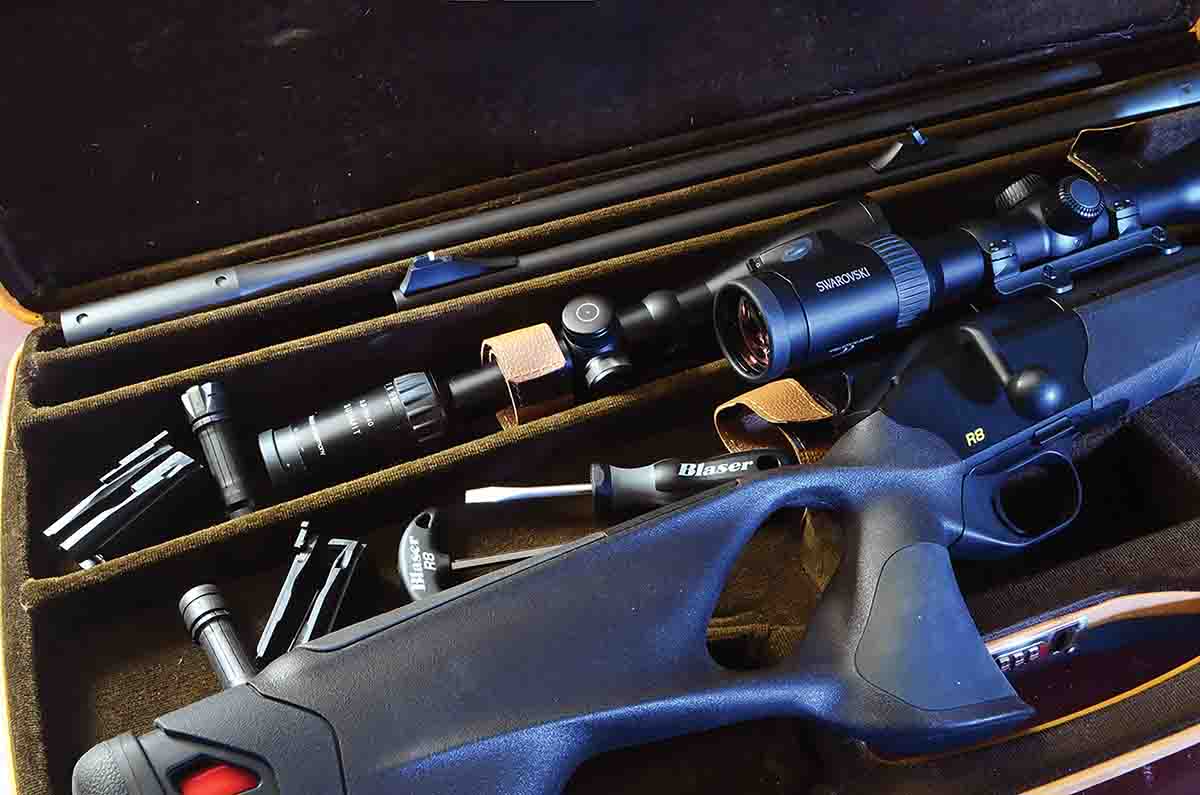 The Blaser R8 Ultimate, the latest iteration, comes in a case with compartments to accommodate two barrels, two scopes on detachable mounts, all the bits and pieces, and a Blaser Allen wrench to fit the barrel screws.